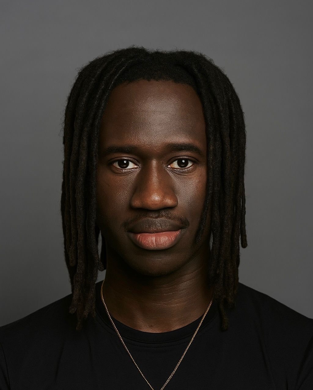 Portrait d'un homme avec des dreadlocks, portant un collier et un t-shirt noir, sur fond gris. Coach sportif à Hesperange, Luxembourg.